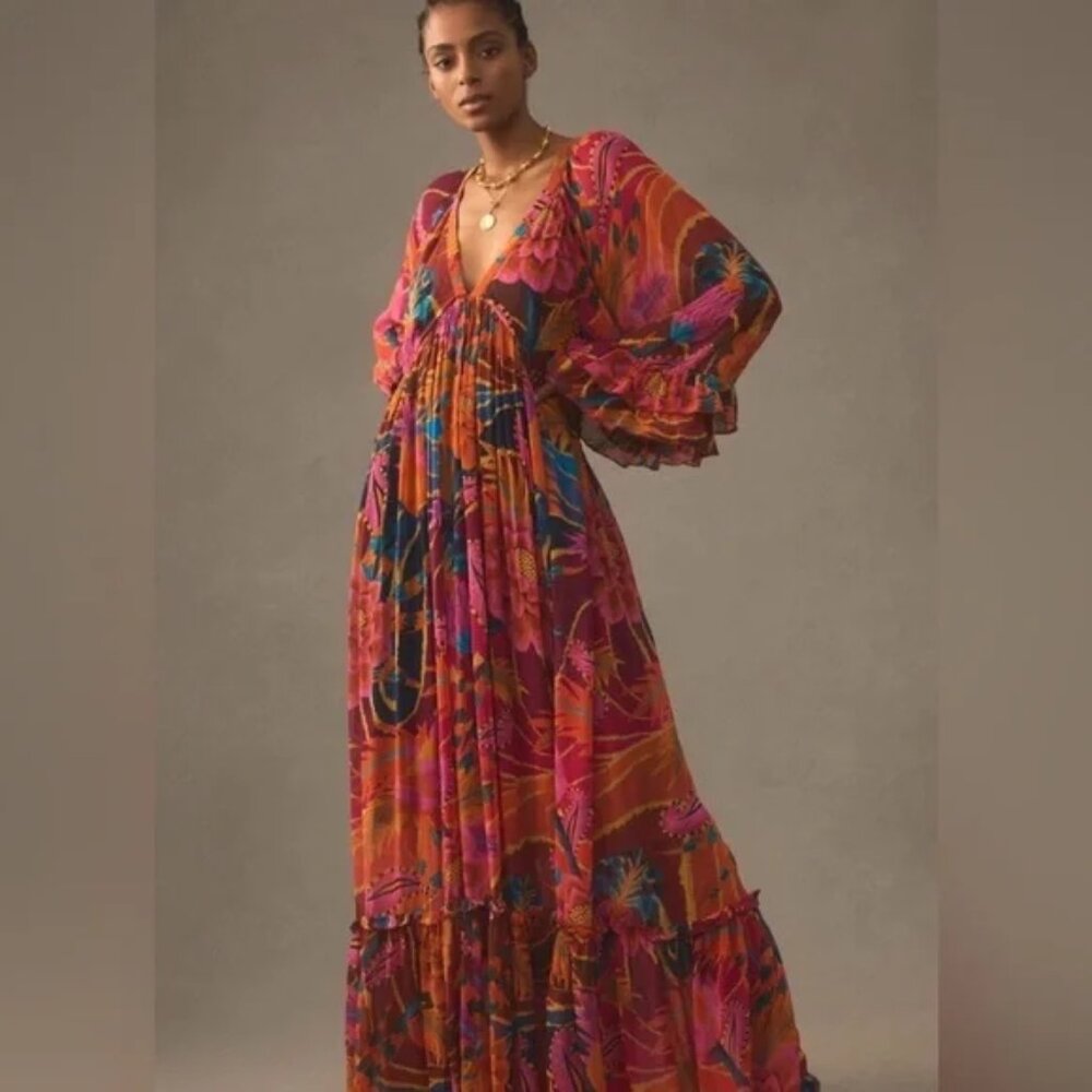 Farm Rio Red Abstract Patchwork Maxi Dress Long Sleeve Wrap Style Size Large - Picture 4 of 15